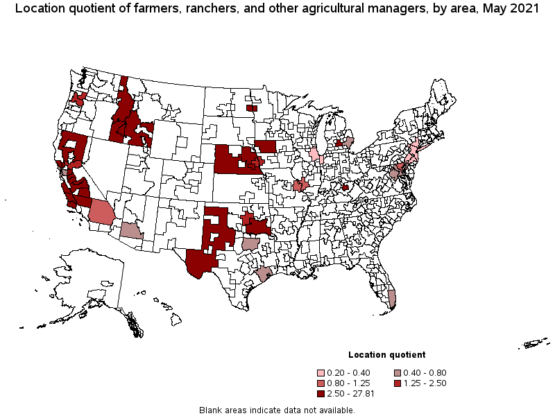 Map of location quotient of farmers, ranchers, and other agricultural managers by area, May 2021