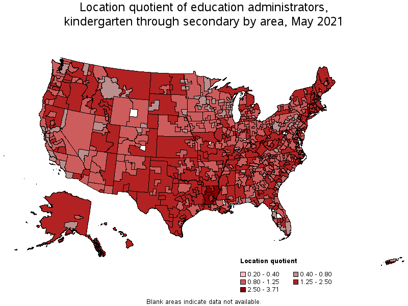 Map of location quotient of education administrators, kindergarten through secondary by area, May 2021