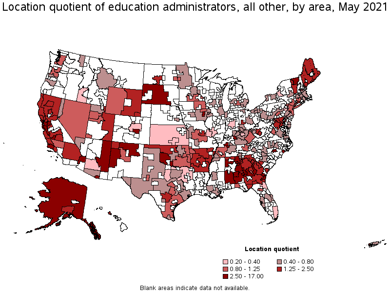 Map of location quotient of education administrators, all other by area, May 2021