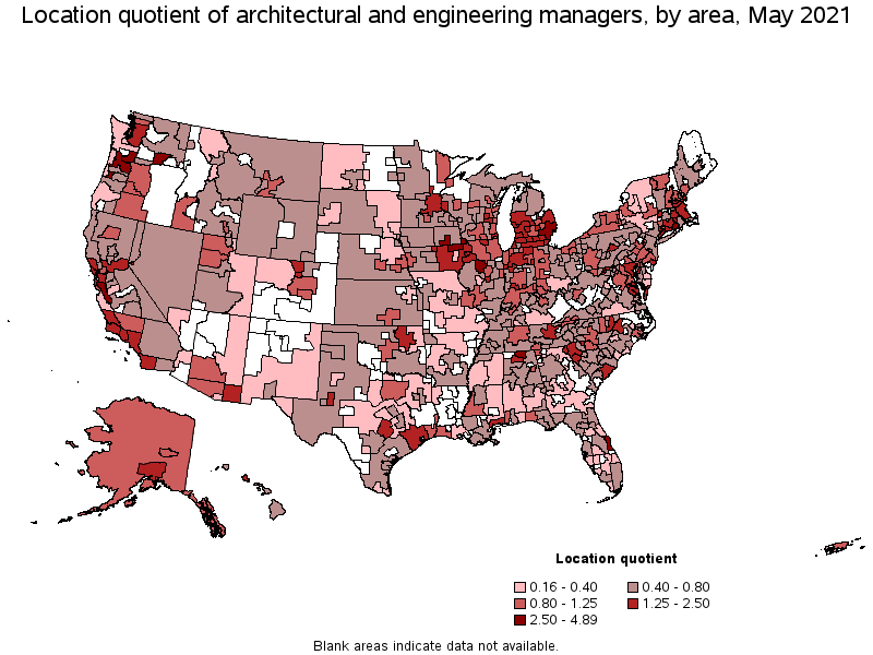 Map of location quotient of architectural and engineering managers by area, May 2021