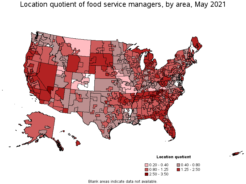 Map of location quotient of food service managers by area, May 2021