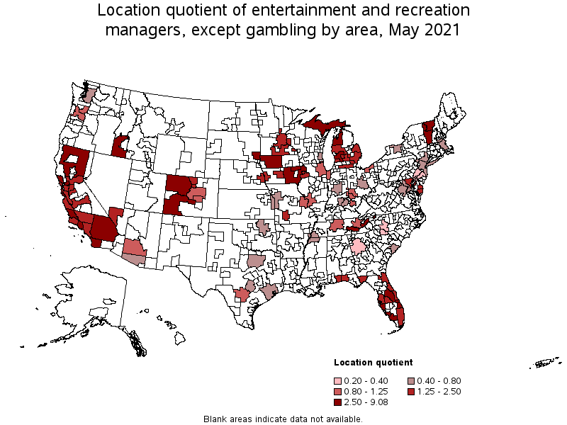 Map of location quotient of entertainment and recreation managers, except gambling by area, May 2021
