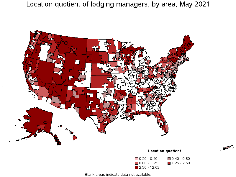 Map of location quotient of lodging managers by area, May 2021