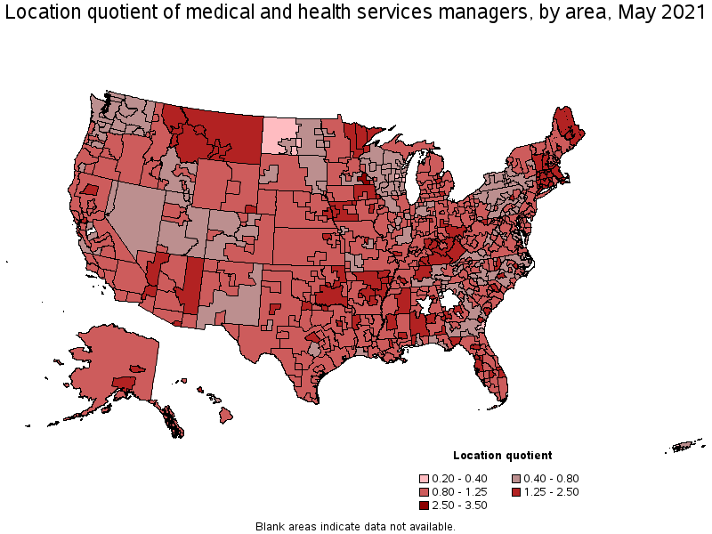 Map of location quotient of medical and health services managers by area, May 2021