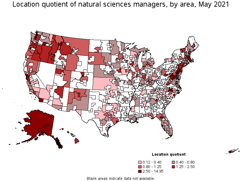 Map of location quotient of natural sciences managers by area, May 2021
