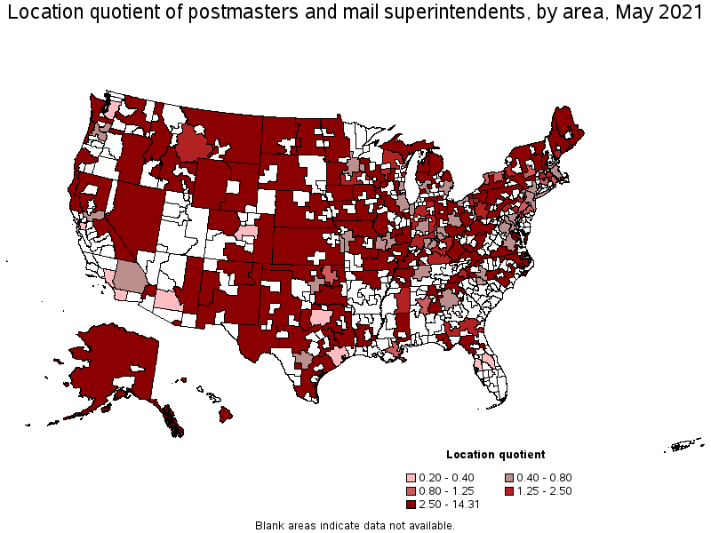 Map of location quotient of postmasters and mail superintendents by area, May 2021