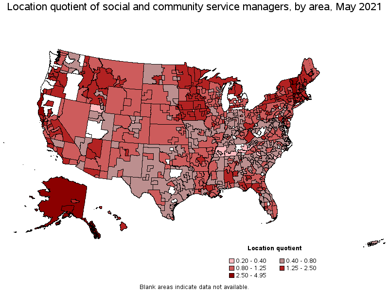 Map of location quotient of social and community service managers by area, May 2021