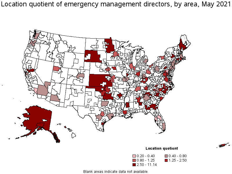 Map of location quotient of emergency management directors by area, May 2021