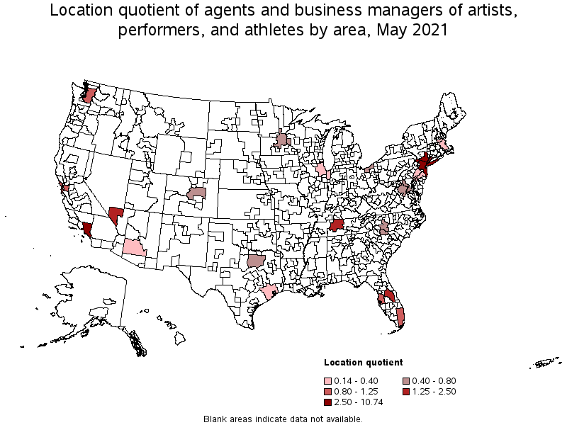 Map of location quotient of agents and business managers of artists, performers, and athletes by area, May 2021