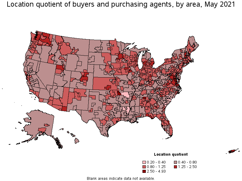 Map of location quotient of buyers and purchasing agents by area, May 2021