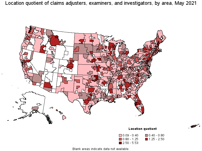Map of location quotient of claims adjusters, examiners, and investigators by area, May 2021