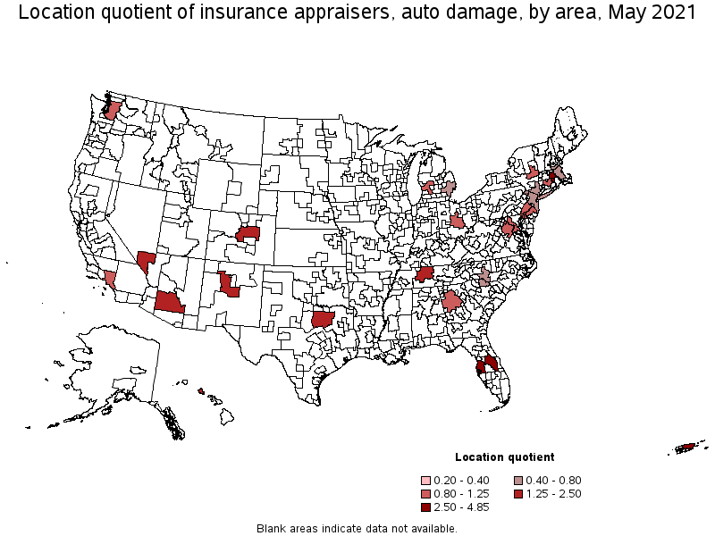 Map of location quotient of insurance appraisers, auto damage by area, May 2021