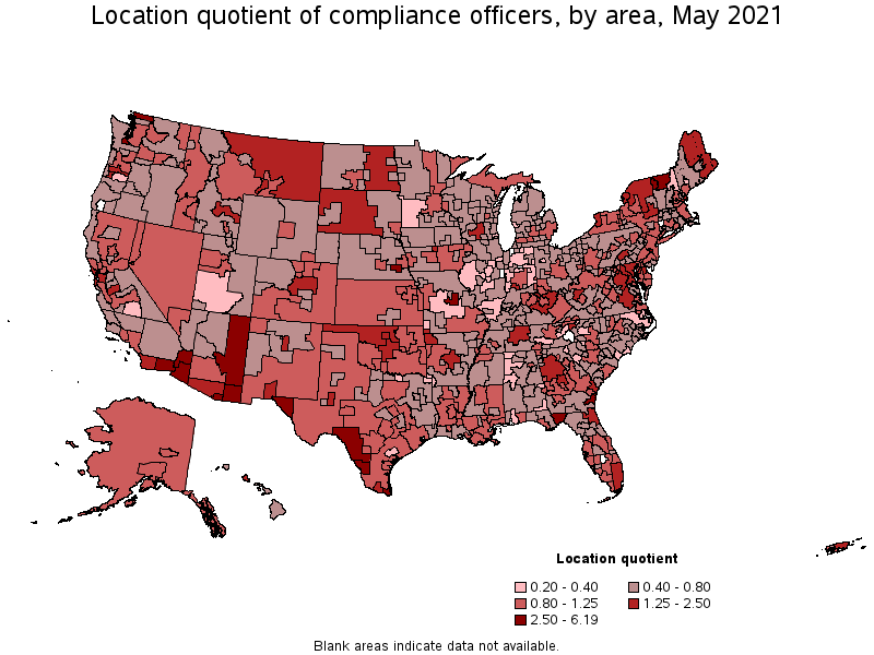 Map of location quotient of compliance officers by area, May 2021
