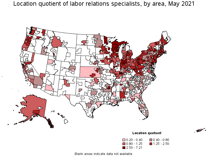 Map of location quotient of labor relations specialists by area, May 2021