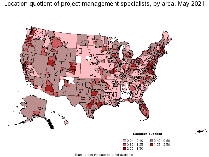 Map of location quotient of project management specialists by area, May 2021