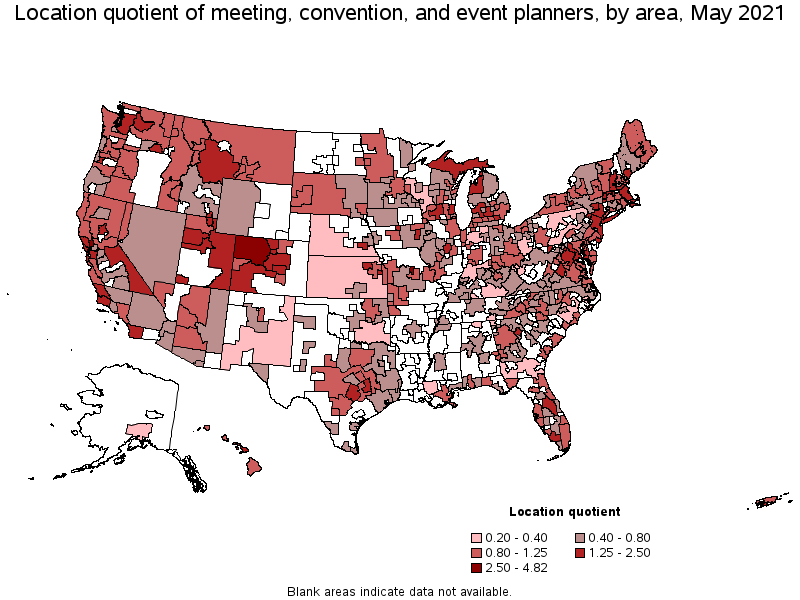 Map of location quotient of meeting, convention, and event planners by area, May 2021