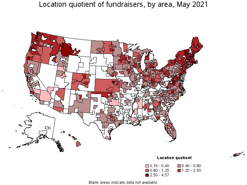 Map of location quotient of fundraisers by area, May 2021