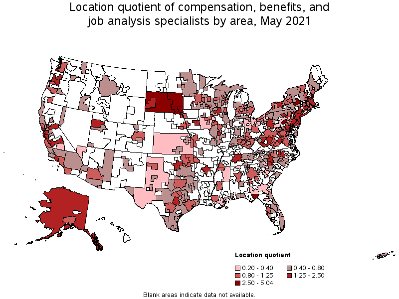 Map of location quotient of compensation, benefits, and job analysis specialists by area, May 2021