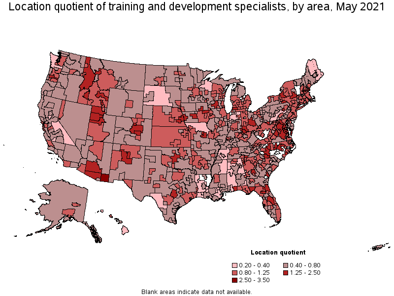 Map of location quotient of training and development specialists by area, May 2021