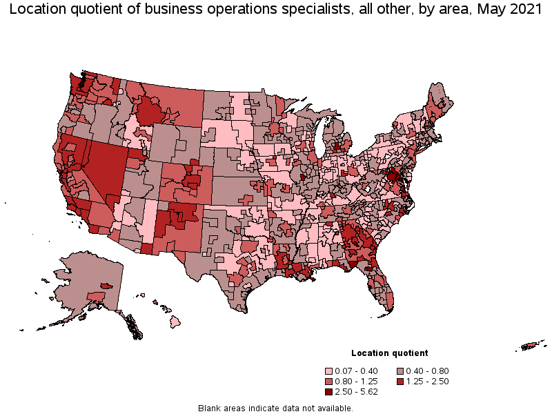 Map of location quotient of business operations specialists, all other by area, May 2021