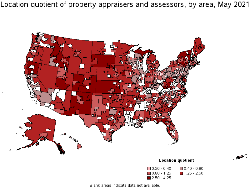 Map of location quotient of property appraisers and assessors by area, May 2021