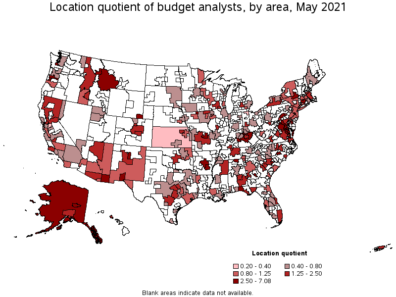Map of location quotient of budget analysts by area, May 2021