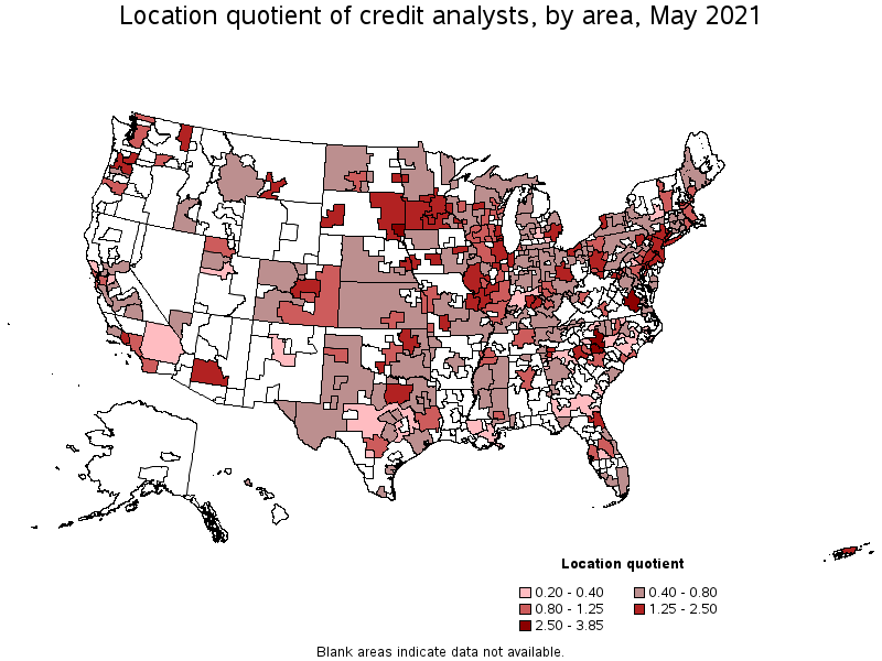 Map of location quotient of credit analysts by area, May 2021