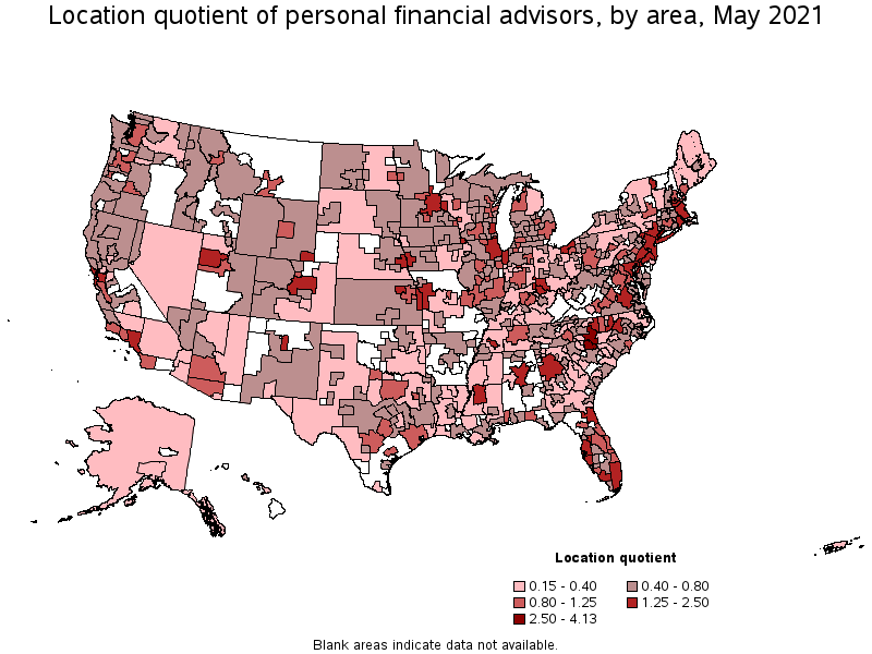 Map of location quotient of personal financial advisors by area, May 2021