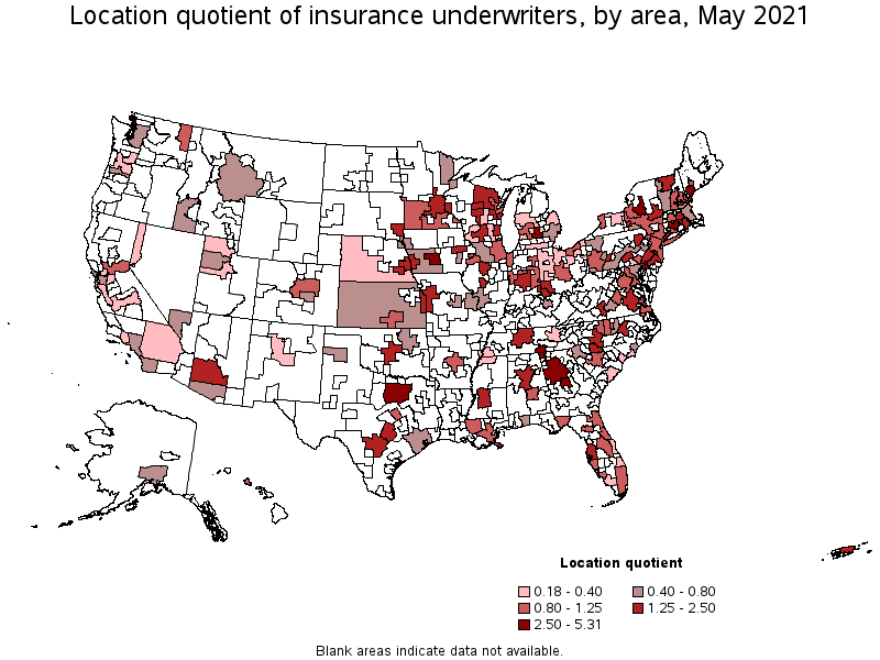 Map of location quotient of insurance underwriters by area, May 2021