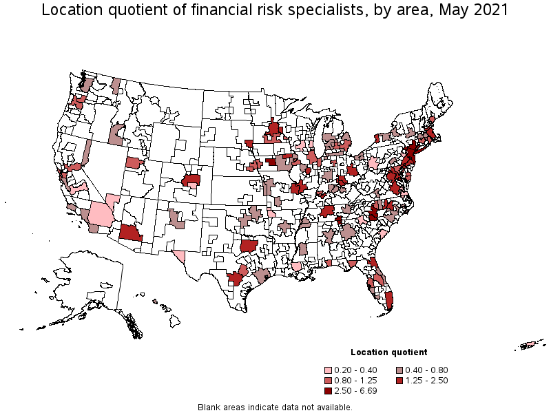 Map of location quotient of financial risk specialists by area, May 2021