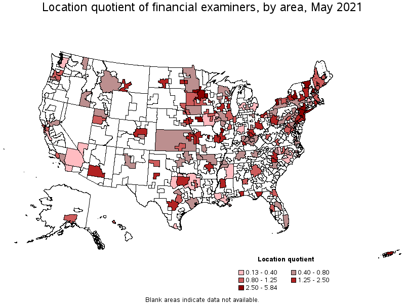 Map of location quotient of financial examiners by area, May 2021