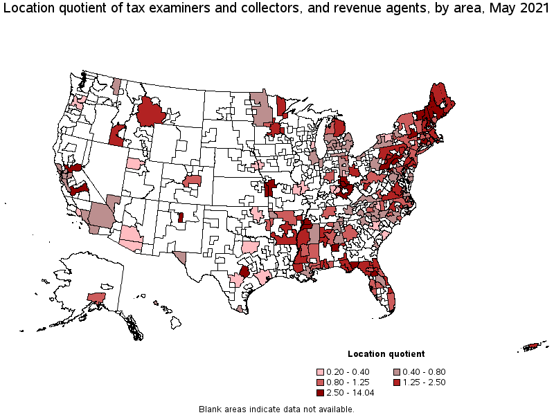 Map of location quotient of tax examiners and collectors, and revenue agents by area, May 2021