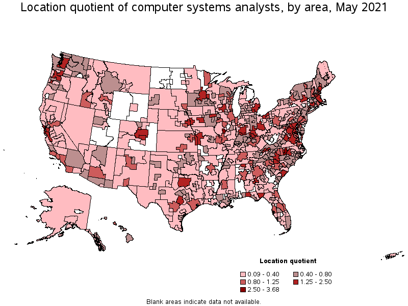Map of location quotient of computer systems analysts by area, May 2021