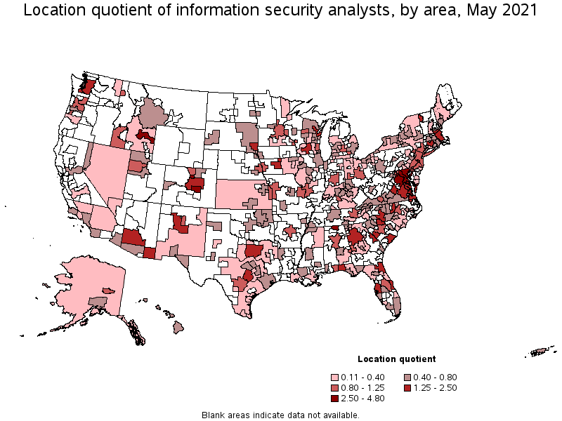 Map of location quotient of information security analysts by area, May 2021