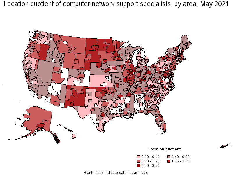 Map of location quotient of computer network support specialists by area, May 2021