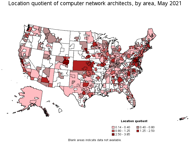 Map of location quotient of computer network architects by area, May 2021