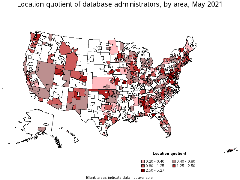 Map of location quotient of database administrators by area, May 2021