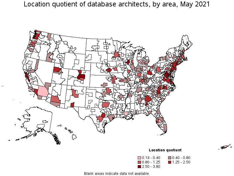 Map of location quotient of database architects by area, May 2021