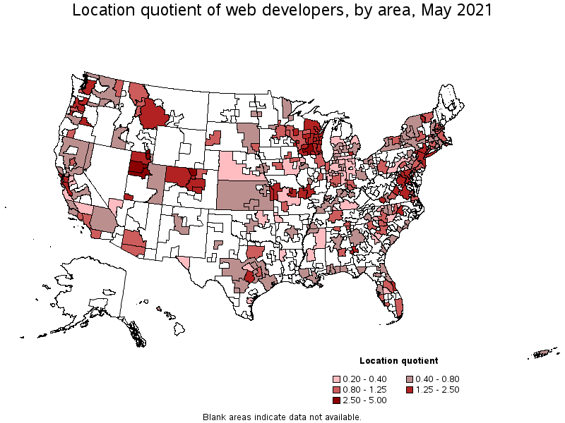 Map of location quotient of web developers by area, May 2021