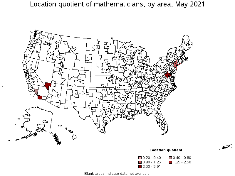 Map of location quotient of mathematicians by area, May 2021