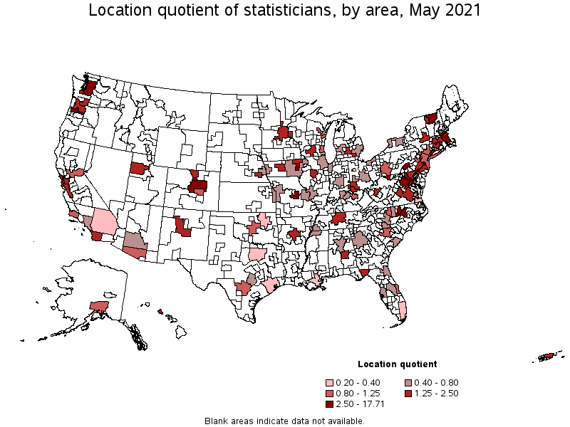 Map of location quotient of statisticians by area, May 2021