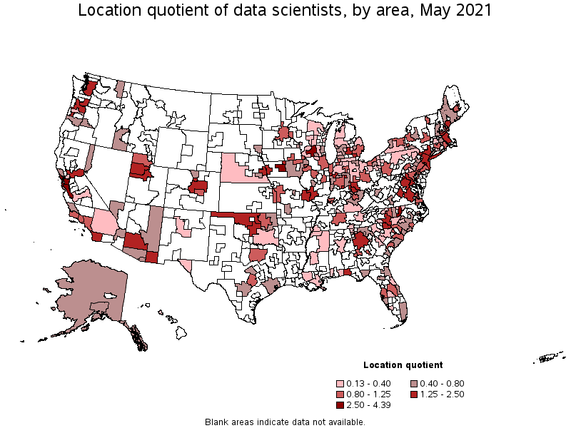 Map of location quotient of data scientists by area, May 2021