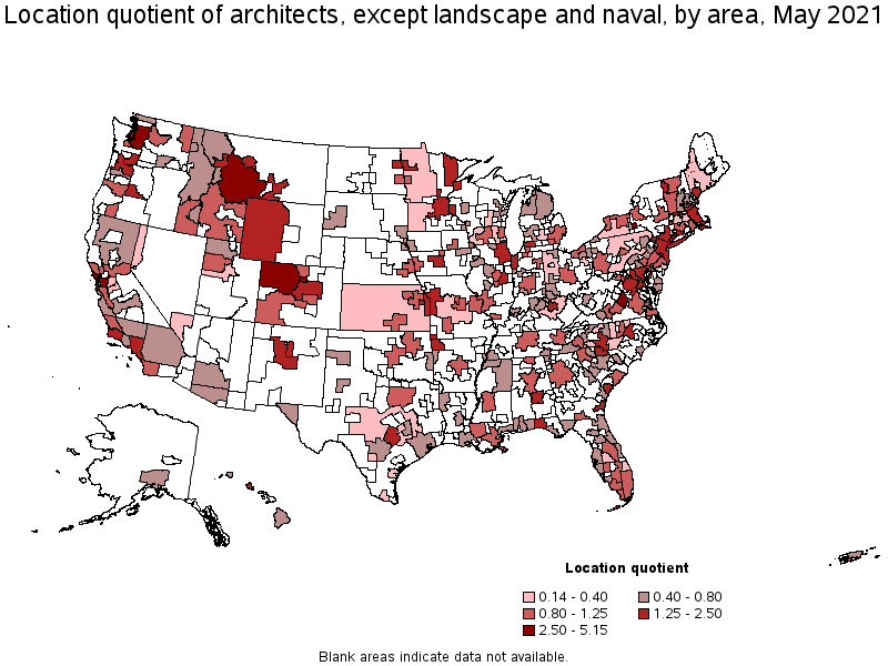 Map of location quotient of architects, except landscape and naval by area, May 2021