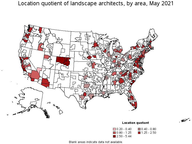 Map of location quotient of landscape architects by area, May 2021