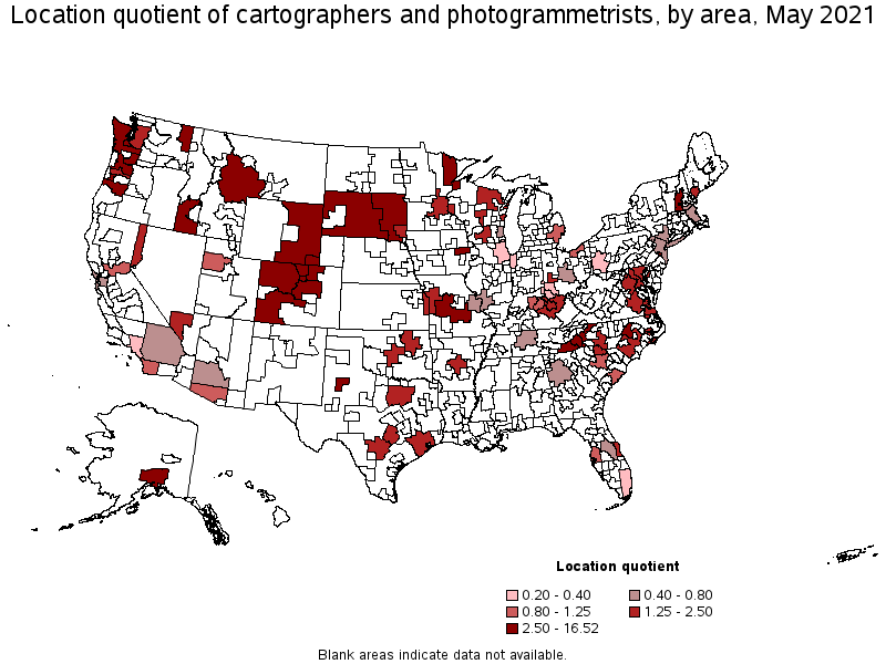 Map of location quotient of cartographers and photogrammetrists by area, May 2021