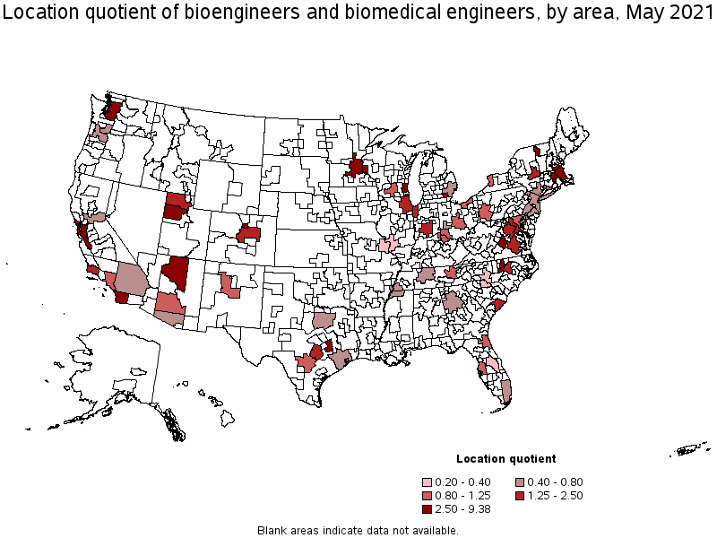 Map of location quotient of bioengineers and biomedical engineers by area, May 2021