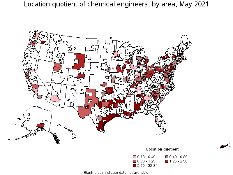 Map of location quotient of chemical engineers by area, May 2021