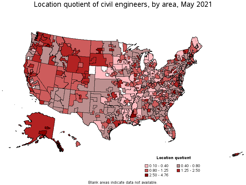 Map of location quotient of civil engineers by area, May 2021