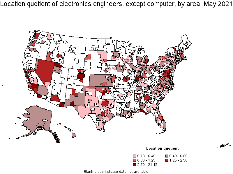 Map of location quotient of electronics engineers, except computer by area, May 2021