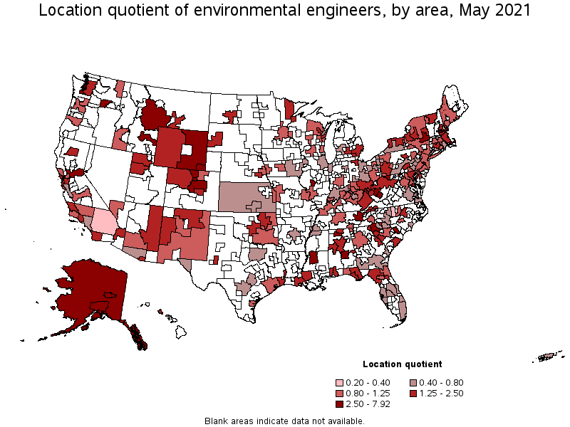 Map of location quotient of environmental engineers by area, May 2021
